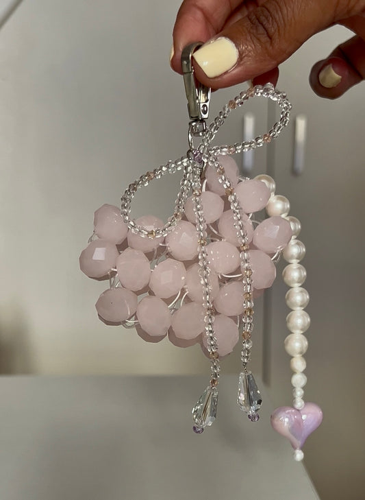 Porte-clé perles en coeur et noeud Rose